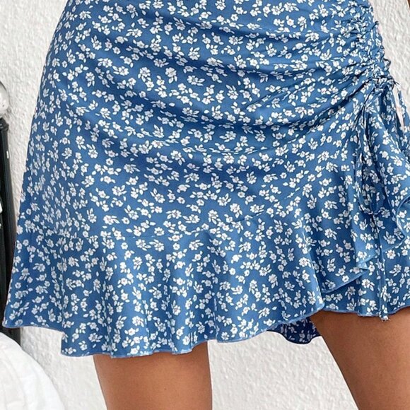 Boho Floral Skirt,Summer Skirt,Floral Print Drawstring Ruched Ruffle Hem Skirt - Picture 5 of 8